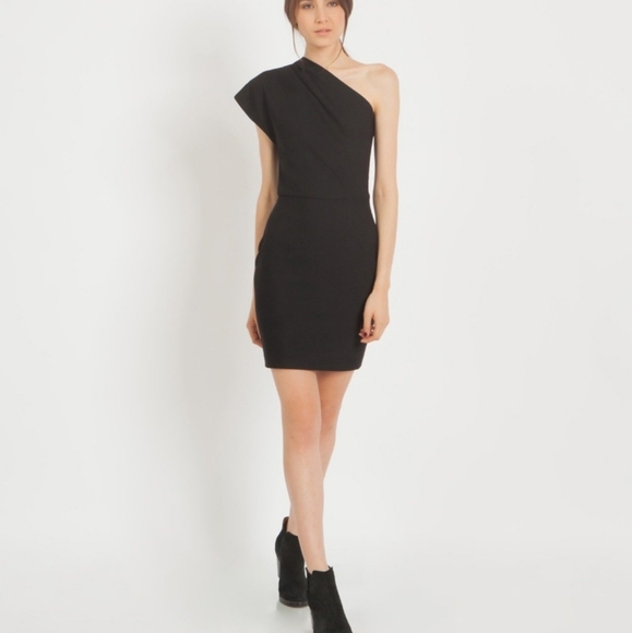 Maje Women's one Shoulder Sheath Dress Solid Black Size 2 Side Zip - Picture 1 of 12